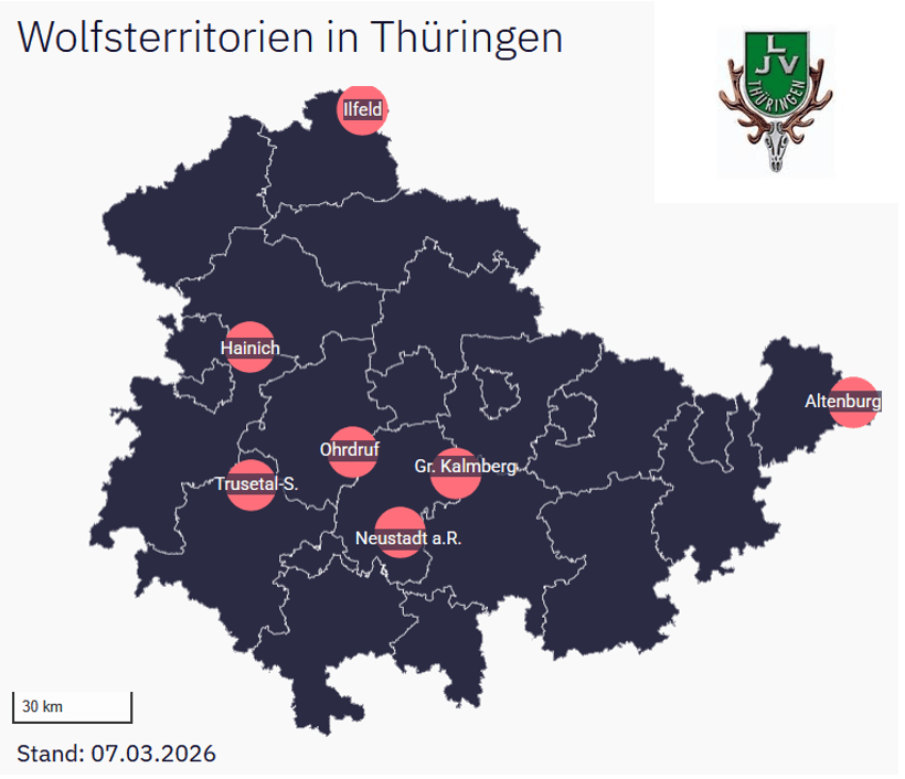 Karte über Wolfsterritorium in Thüringen mit 7 Standorten