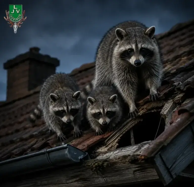 3 Waschbären auf Dach. Waschbär in Thüringen