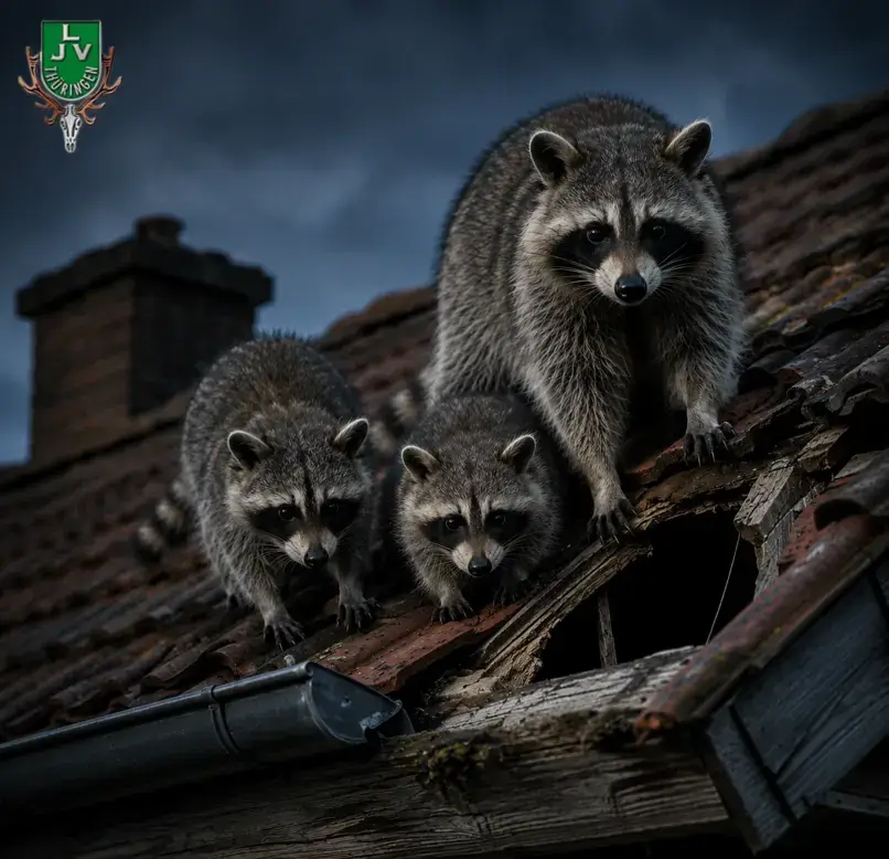 3 Waschbären auf Dach. Waschbär in Thüringen
