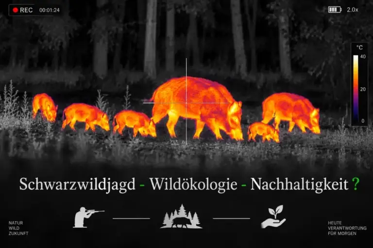 eine Wildschweinrotte am Feldrand und J&auml;ger zielt mit Nachtsichtger&auml;t